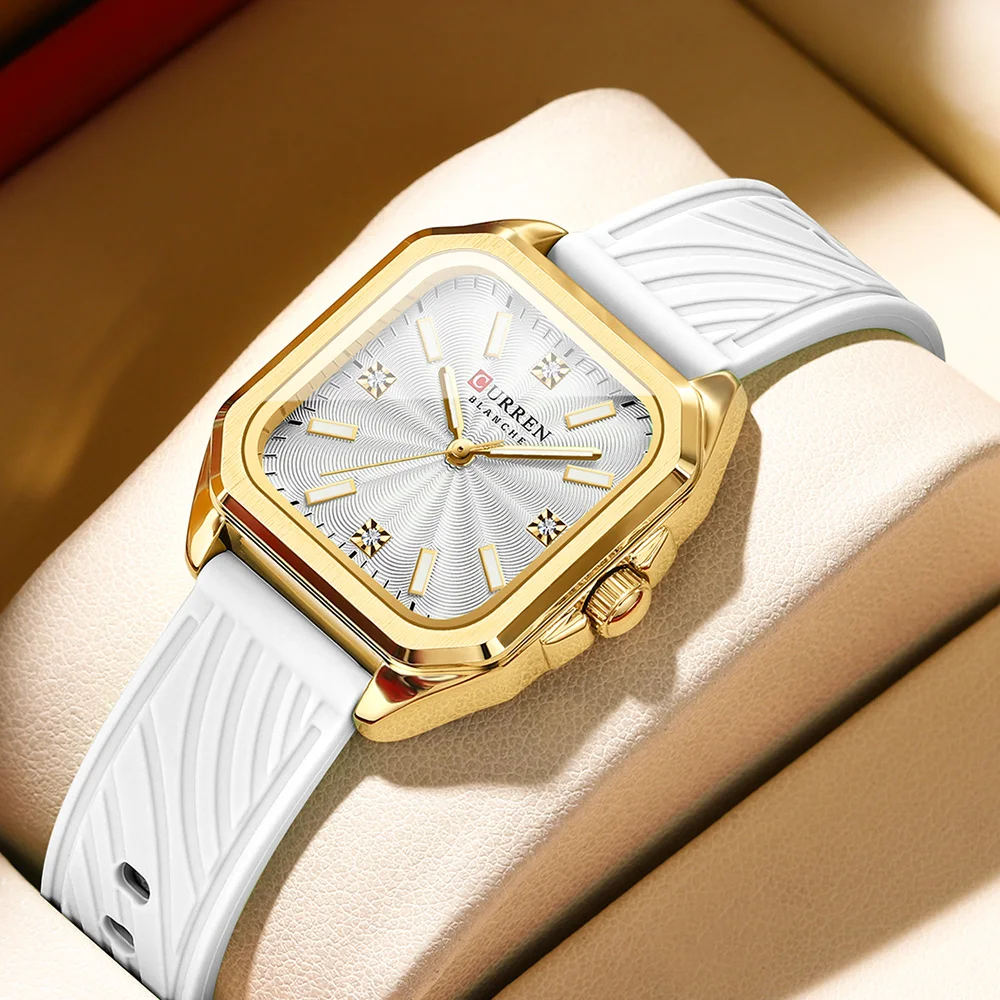 CURREN 9113 Women's square small dial watch waterproof quartz watch silicone watch strap fashionable and simple wristwatch