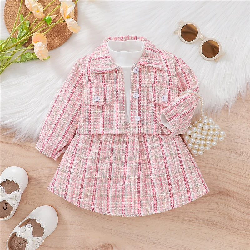 Baby Girl Party Elegant 2Pcs Outfits, Plaid Long Sleeve Buttons Outwear + Patchwork Mock Neck Dress Set for Toddler, 3-24Months