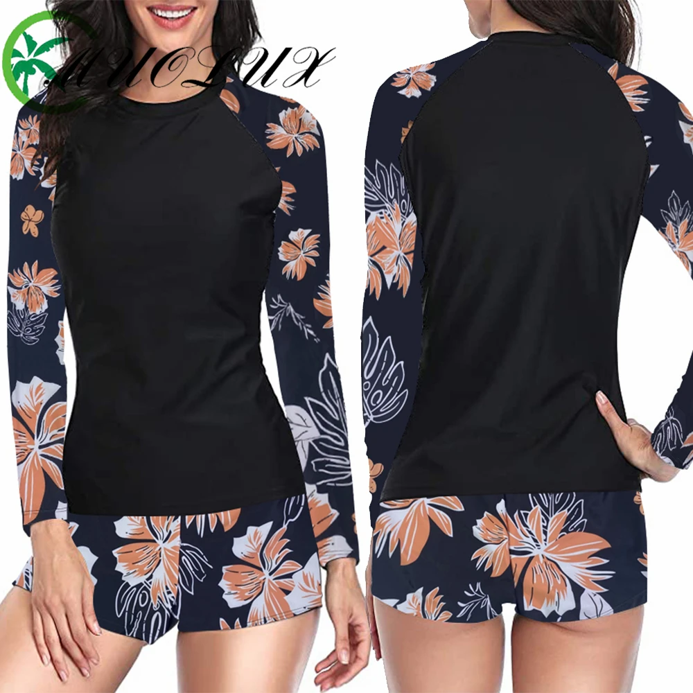 2024 New Women's Swimsuit Sexy Sports Split Long Sleeve Printed Panel Surfing Swimsuit Summer Rash Guard 2 Piece Tankini Biquini