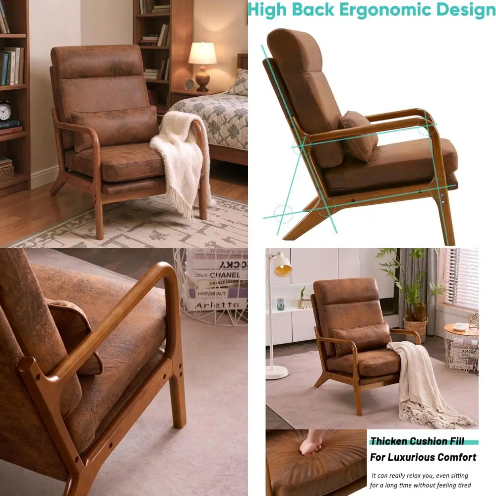 

Mid Century Modern High Back Wood Frame Armchair, Comfortable Reading Chair for Living Room