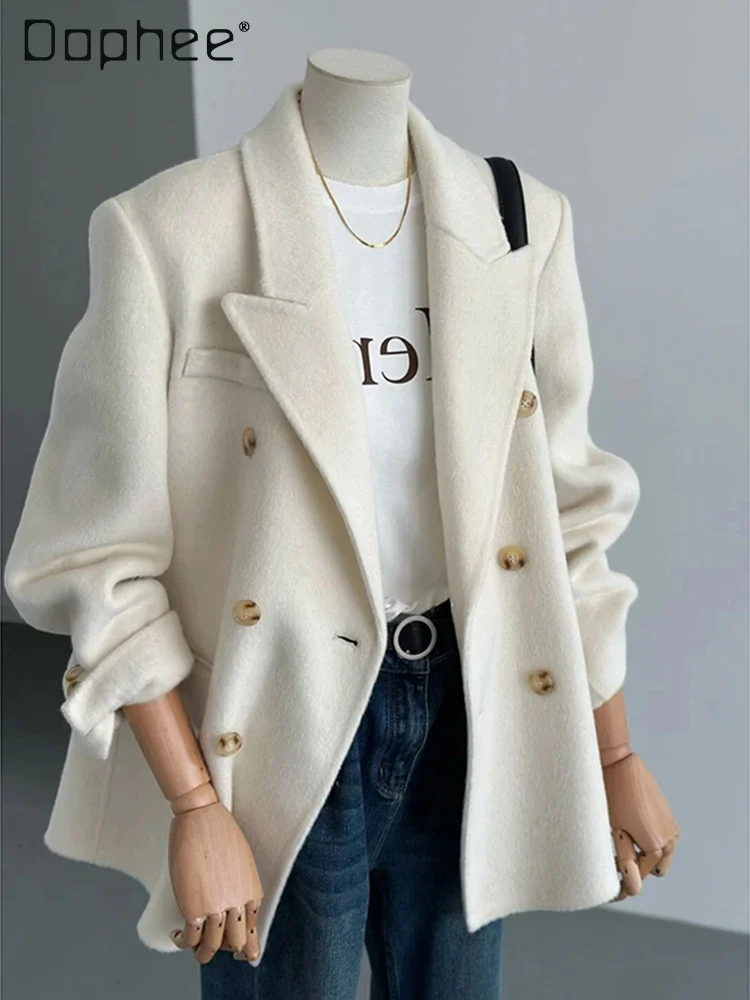 

White Wool Coat Women Autumn Fashion Double Breasted Lapel Mid Length Jacket Chic Outwear Korean Style Commute Winter New