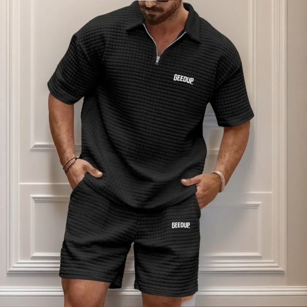 

New men's casual, fashionable and comfortable waffle checkered letter lapel sportswear set, spring and summer two-piece set