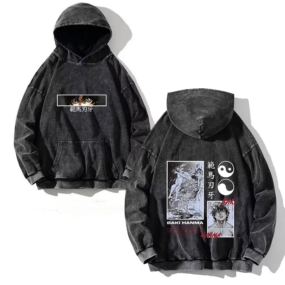 

Anime Baki Hanma Print Cotton Washed Hoodies Men Hip Hop Graphic Vintage Hooded Sweatshirts Aesthetic Streetwear Pullover