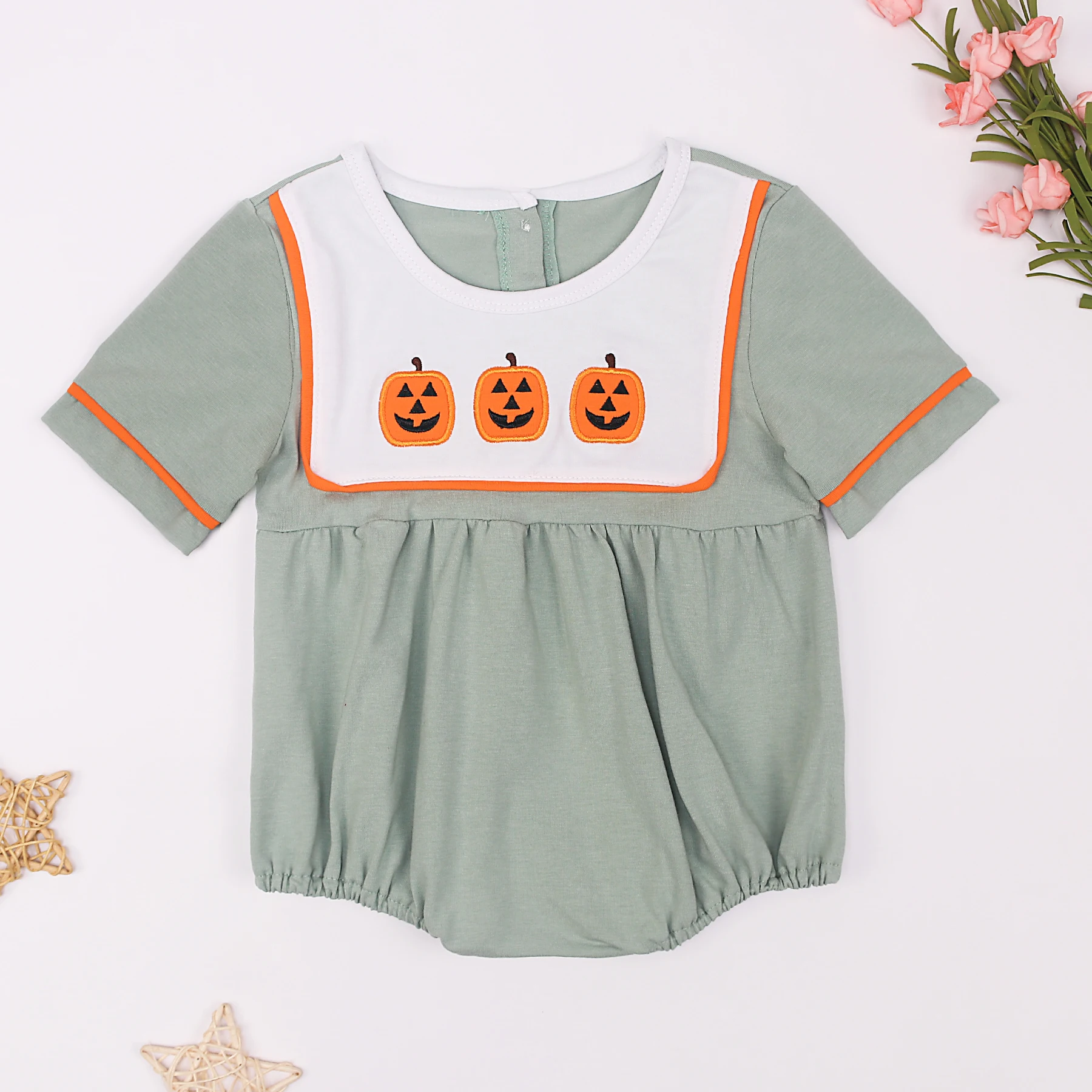 Hallowmas Ropa Summer Short Sleeve Round Neck Dress Pumpkin Embroidery Girl Grey Top T-shit And Orange Pant Romper Boy Clothes