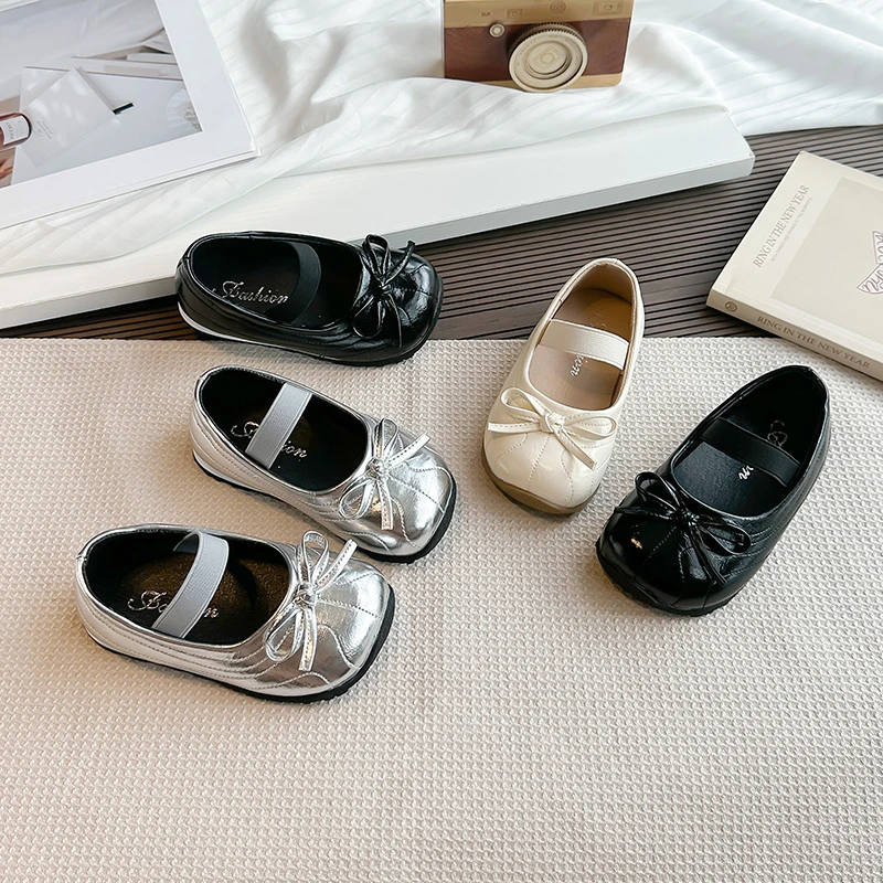 Girls Princess Shoes Simple Bows Kids Flat Shoes Korean Style Versatile 2026 New Fashion Children Leather Shoes Slip-on Soft