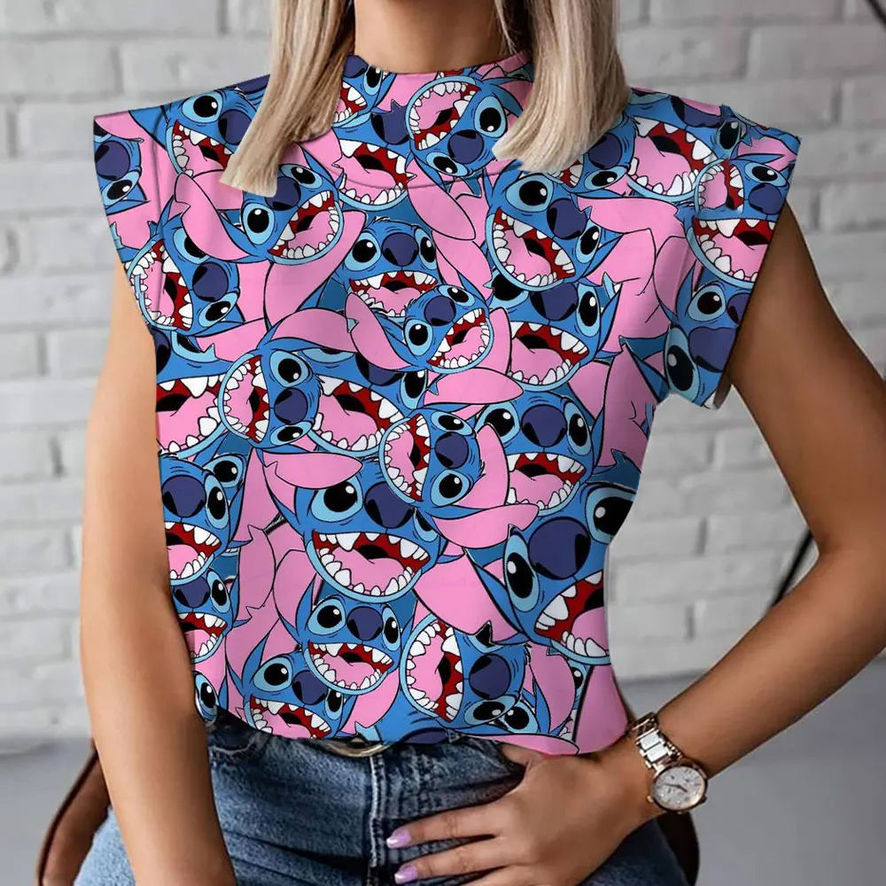 

Stitch Animation 2023 New Harajuku Street Summer Trend Versatile Pattern 3D Printing Women's High Neck T-Shirt Vest
