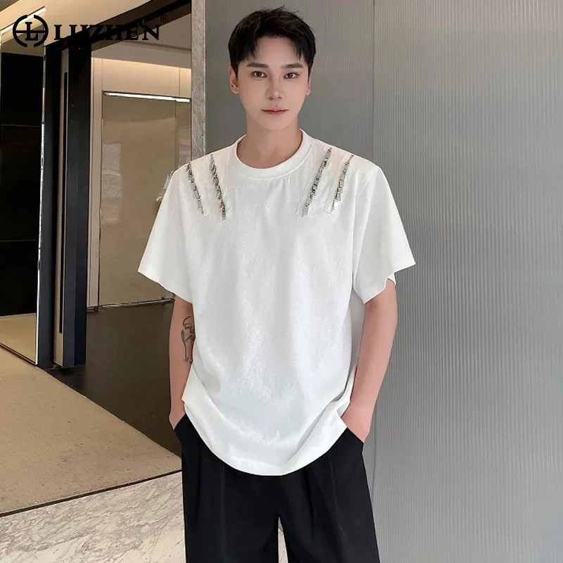 

LUZHEN Zipper Design Short Sleeve T Shirts Men Summer New Cotton Korean Clothing Personalized Casual Tops Plain Original LZ4771