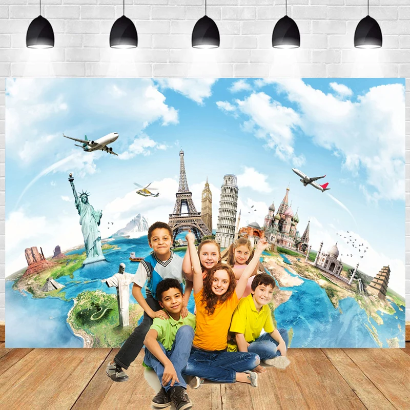 Travel Adventure Cake Smash Backdrop Global Travel World Map Photography Background World Landmark on Earth Photo Banner Decor