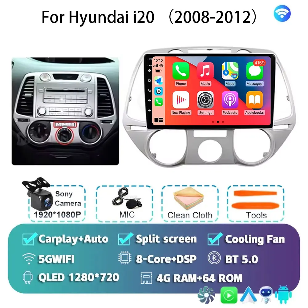 Android 15 Carplay Voor Hyundai i20 2008 2009 2010 2011 2012 Autoradio Stereo Multimedia Video Player WIFI Touchscreen