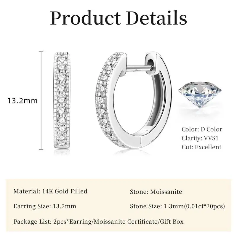 Lnngy Funkelnde, GRA-zertifizierte natürliche Moissanit-Creolen für Damen, 14 Karat Gold gefüllt, Huggies-Ohrringe, Hochzeitsschmuck – Detail 6