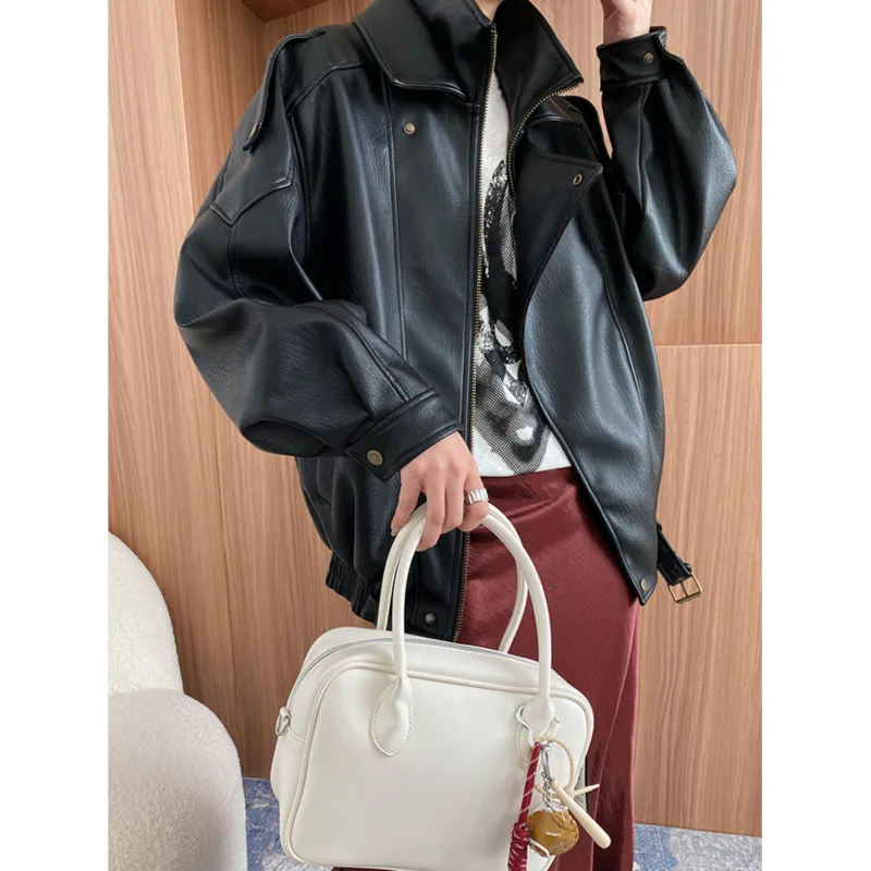 

Spring Women Motorcycle Pu Leather Jacket Women Double Collar Design Slant Zipper Loose Casual Coat