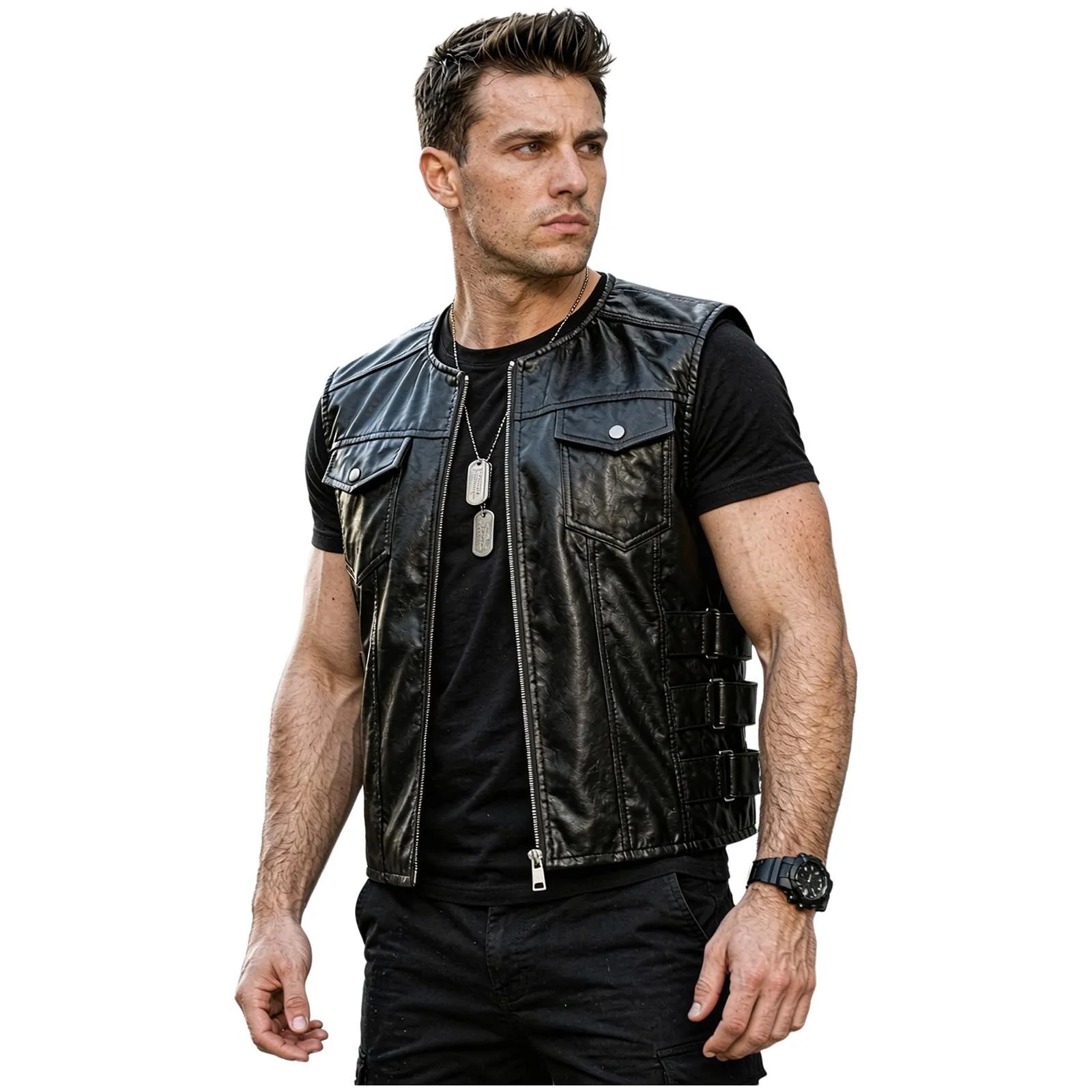 Men Motorcycle Coat Faux Leather Vest Side Button Straps Zipper Sleeveless Jacket with Flap Pockets for Street Style Clubwear