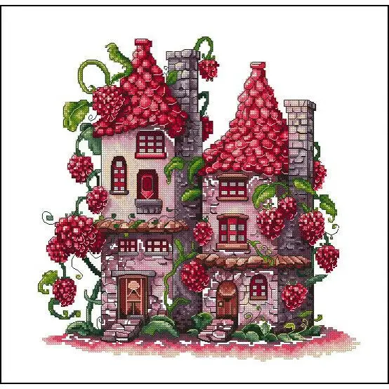 [CC2871-Raspberry Little House] Cross Stitch Kit 14CT 16CT 18CT 11CT, Creative Needlework Project, Hand Embroidery
