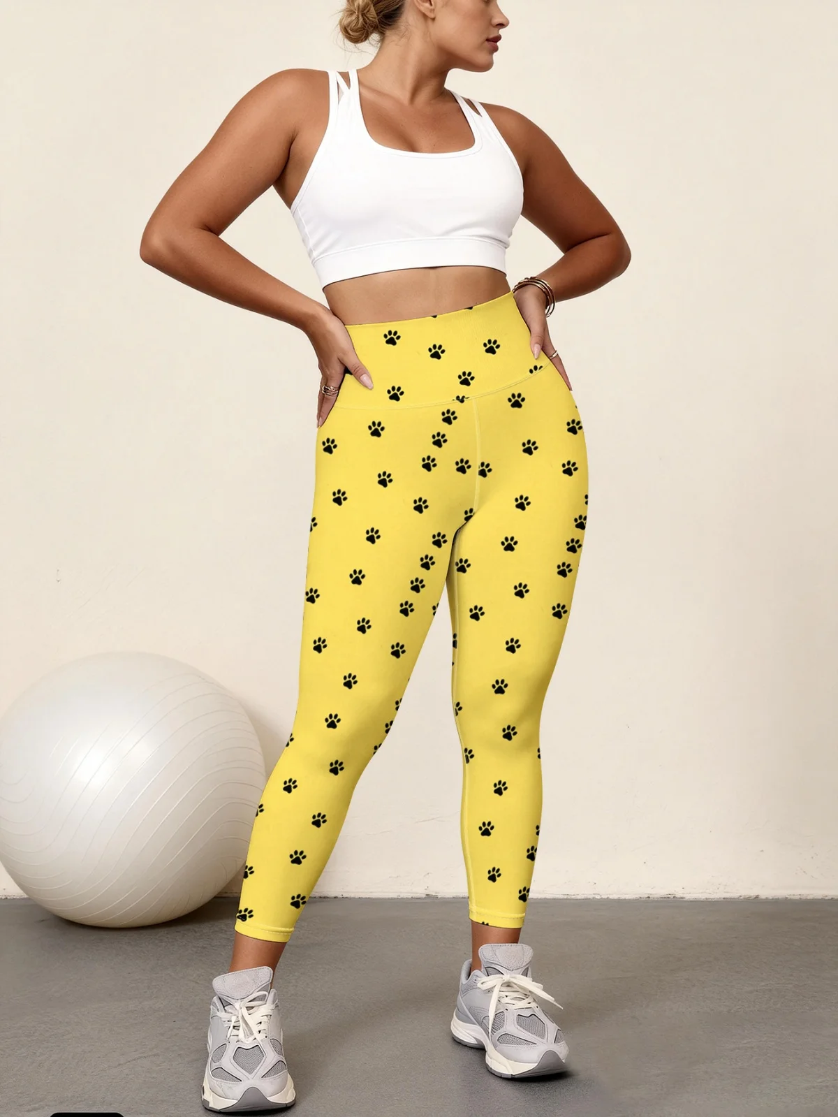 

Ярко-желтые женские брюки для йоги с черным принтом в виде сетчатого узора с отпечатками лап, с высокой талией, высокой эластичностью и быстрым высыханием.