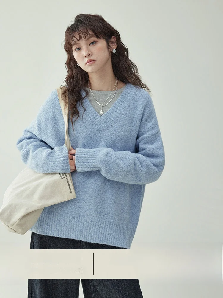 

AMUU Оригинальный синий шерстяной вязаный свитер с V-образным вырезом для женщин, осенне-зимняя новинка, свободный крой, длинный рукав, можно носить как верхнюю или нижнюю одежду