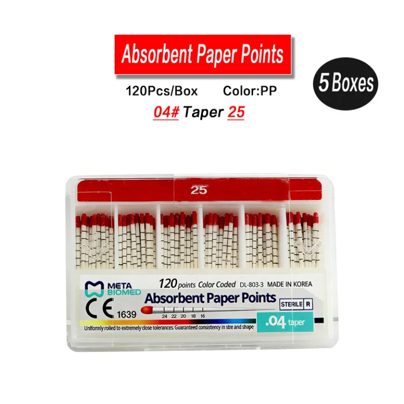 

5 коробок стерильных абсорбирующих бумажных тампонов META, конусные, для стоматологии, цветные, для чистки корневых каналов, из чистого хлопкового волокна