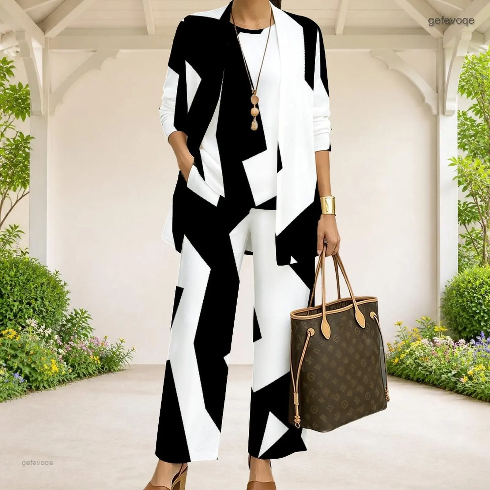 Women Black White Abstract Geometric Printed Long Sleeve Open Front 3 Piece Pants Set