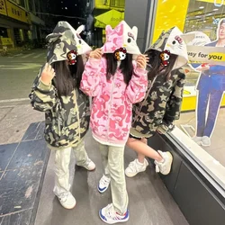 Sanrio Hello Kitty Zipper Cardigan Hoodie Y2K Cartoon Camouflage Blouse Sweatshirts Autumn Long Sleeve Sweater Jacket for Adault