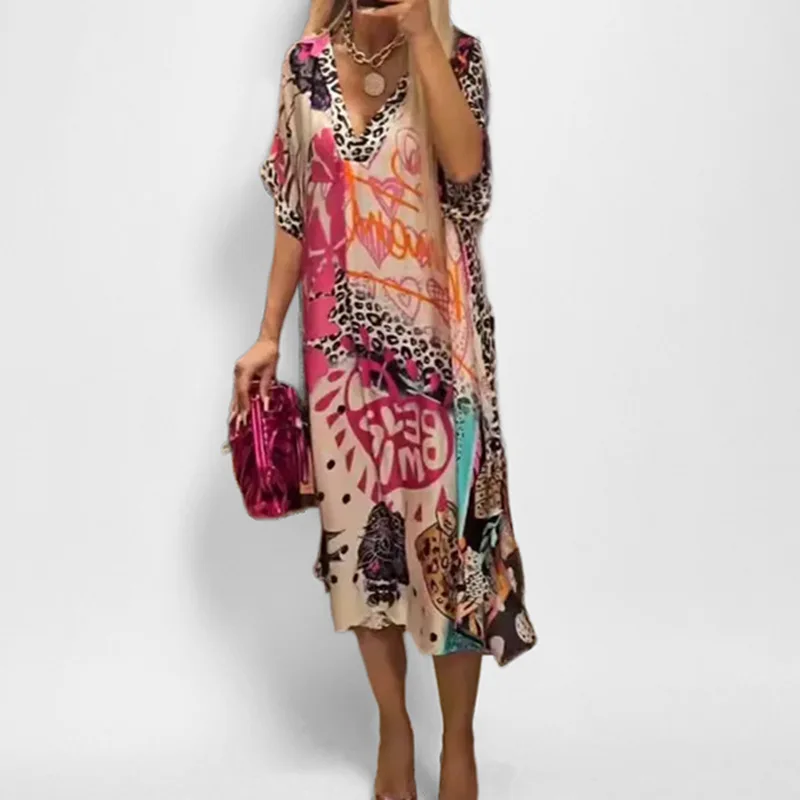 

Casual V Neck Loose Long Dresses for Women Spring Leopard Colorful Printed A-Line Party Dress Autumn Half Sleeve Female Clothing