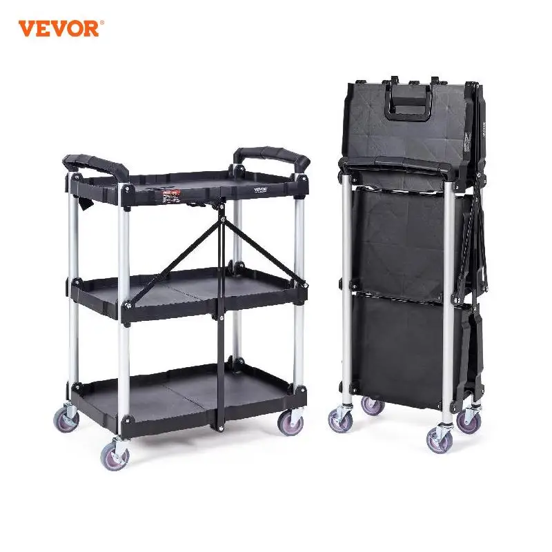 

VEVOR Foldable Utility Service Cart 3 Shelf 165LBS Hand Truck w/ Lockable Wheels Portable Garage Tool Cart for Warehouse/Office