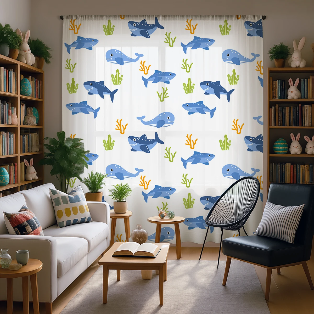 Blue Shark Whale Rod Pocket Sheer Curtains, Ocean Animal Print Voile Window Curtain for Kids Bedroom Living Room Home Decor