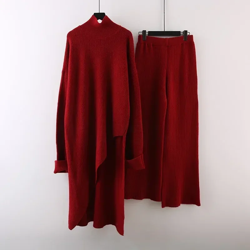 

Chic Split Knitted Turtleneck Sweater Solid Long Pullover Casual Loose Wide Leg Pants 2-piece Set Autumn/Winter Warm Suit Woman