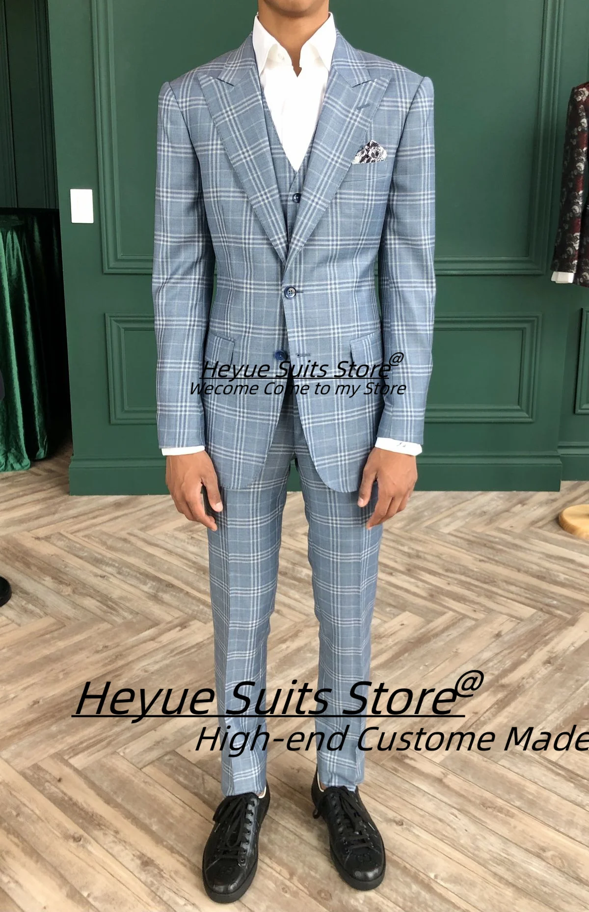 

Business Plaid Men Suits Customized Slim Fit Peak Lapel Groom Wedding Tuxedos 3 Pieces Sets Male Party Blazers Costume Homme