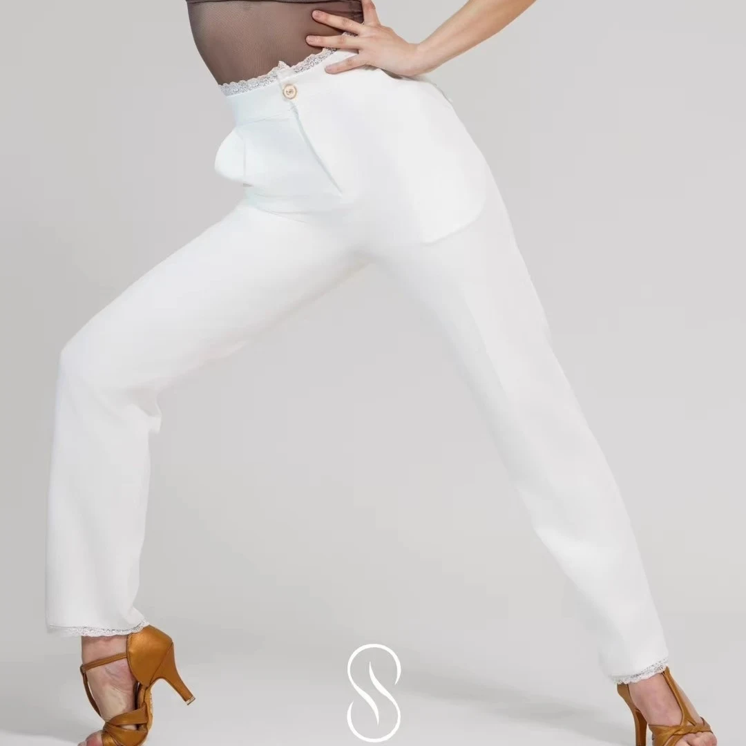 2025 vêtements de danse de salon femmes vêtements de pratique pour adultes été maille body blanc dentelle pantalon Rumba Salsa vêtements de danse DNV24179