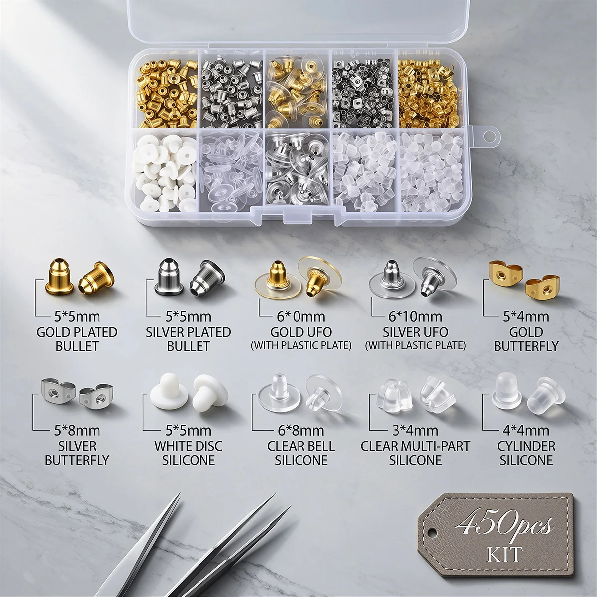 450pcs Earring Backs Set Silicone Metal Earring Stoppers Kit with 10 Grid Box for DIY Earring Jewelry Making Supplies