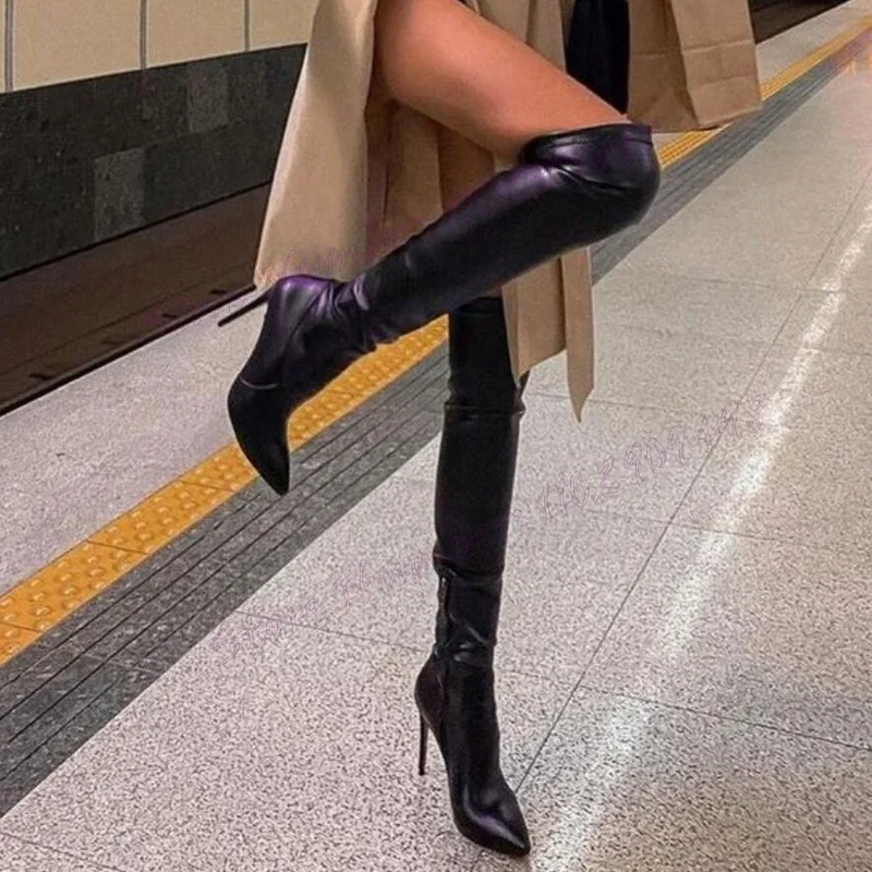 

Black Matte Leather Elastic Boots Pointed Toe Over The Knee Shoes for Women Thin High Heels Sexy Shoes 2025 Zapatos Para Mujere