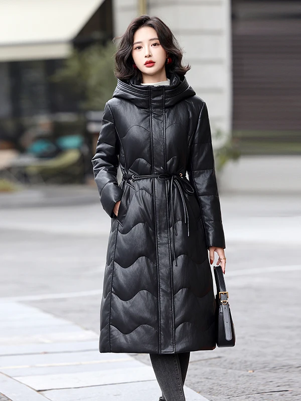 

Haining Genuine Leather down Jaet Women's Mid-Length Winter eepskin Fce-Lined Thiened Hooded Fur Coat Warm Casual Sle