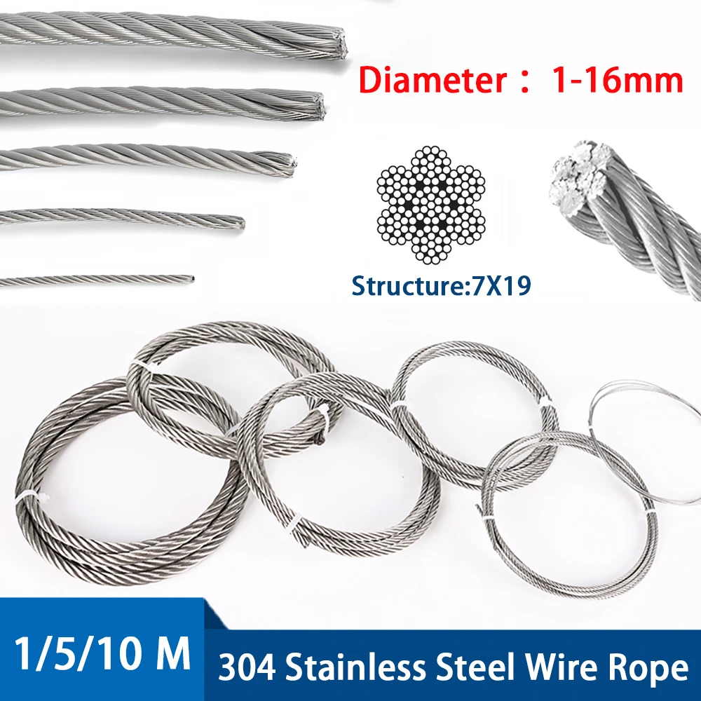 

1M/5M/10M 304 Stainless Steel Wire Rope 7x19 Strands Fishing Lifting Cable Cable Diameter 1mm-16mm Can Be Paired With Fasteners
