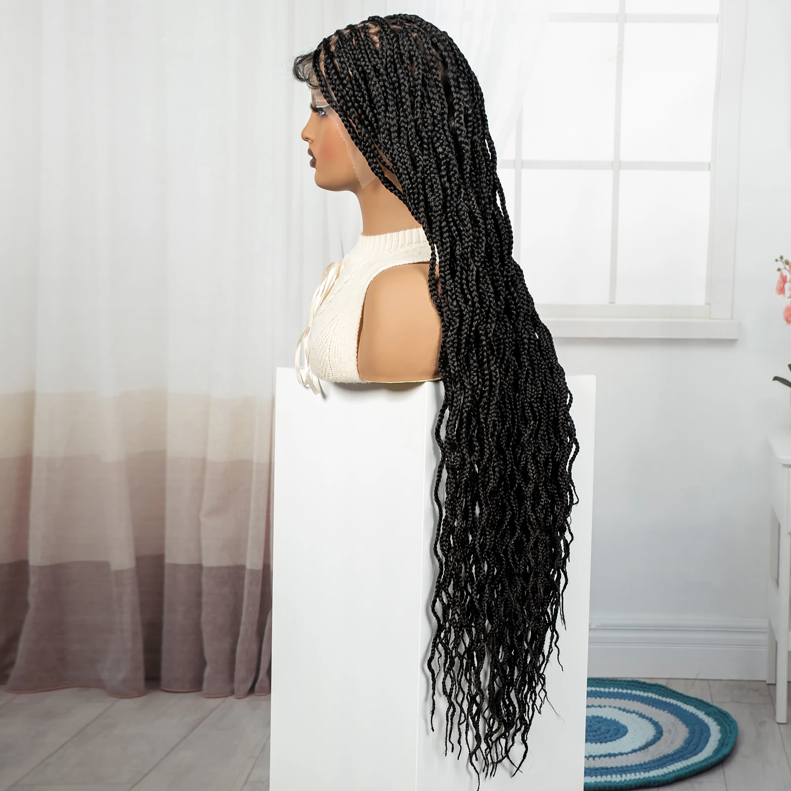 Parrucche con trecce a scatola piena in pizzo con capelli da bambino Parrucche frontali in pizzo HD intrecciate Boho sintetiche con trecce ricci per donne nere 36 pollici