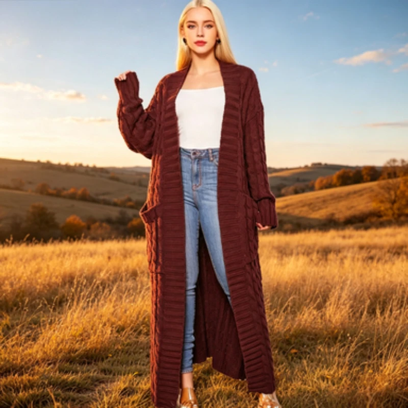 Damen-Mehrfarben-Cardigan für Herbst und Winter, lang, mit Zopfmuster und Taschen, modischer, lockerer Pullovermantel mit langen Ärmeln, Outfit