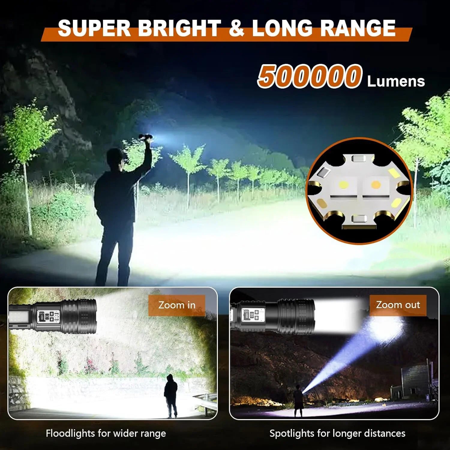 Linterna Led recargable de alta potencia, linterna súper grande de largo alcance, linternas súper potentes, linterna táctica con batería integrada