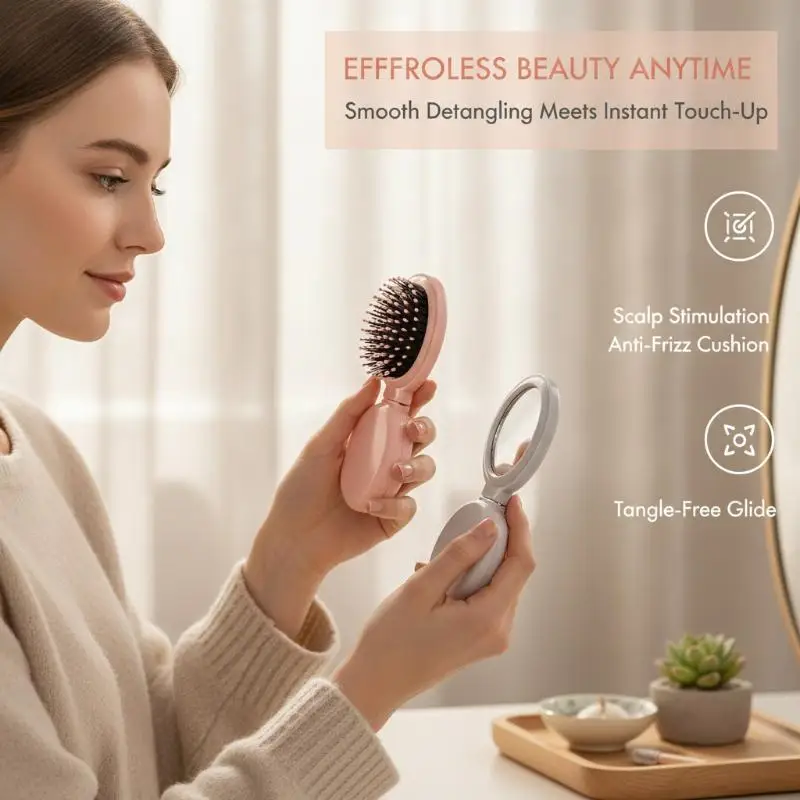 Compact Mini Folding Air Cushion Hair Brush Soft Massage Bristles Built-in Mirror Easy to Carry for Trip Daily Hair Care