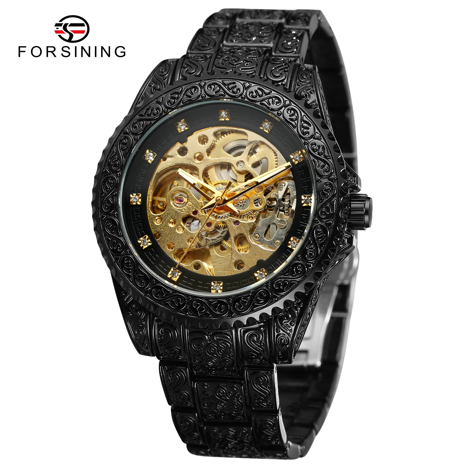 

FORSINING Ретро крутые черные мужские автоматические механические часы со скелетом и стразами из нержавеющей стали, модные винтажные часы с резьбой
