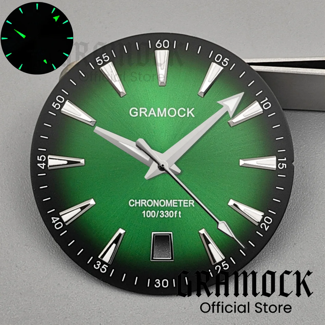 GRAMOCK 33.5mm Sunberst Gradient Watch Dial Hand 40MM Steel Watch Case Green Luminous 6 O'clock Date Fit NH35 Automatic Movement