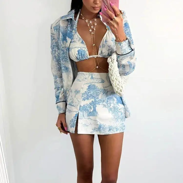 Women's Spring Autumn irt Vest Split ort Skirt Suit Long Sve Flip Collar Chinese Sle Faion Set for Middle-Aged Women