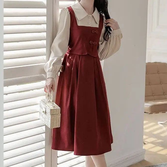 Large Size Premium Retro Style Chinese Two-piece Spliced Long Sleeved Dress New Slimming French Dress for Women