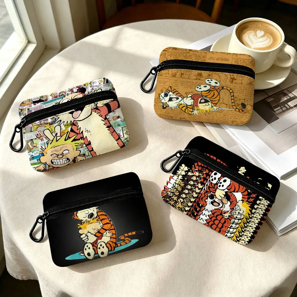 C-Calvin and H-Hobbes  Portable Oxford Fabric Mini Wallet Carabiner Design Small Coin Bag For Cards Keys Earphones