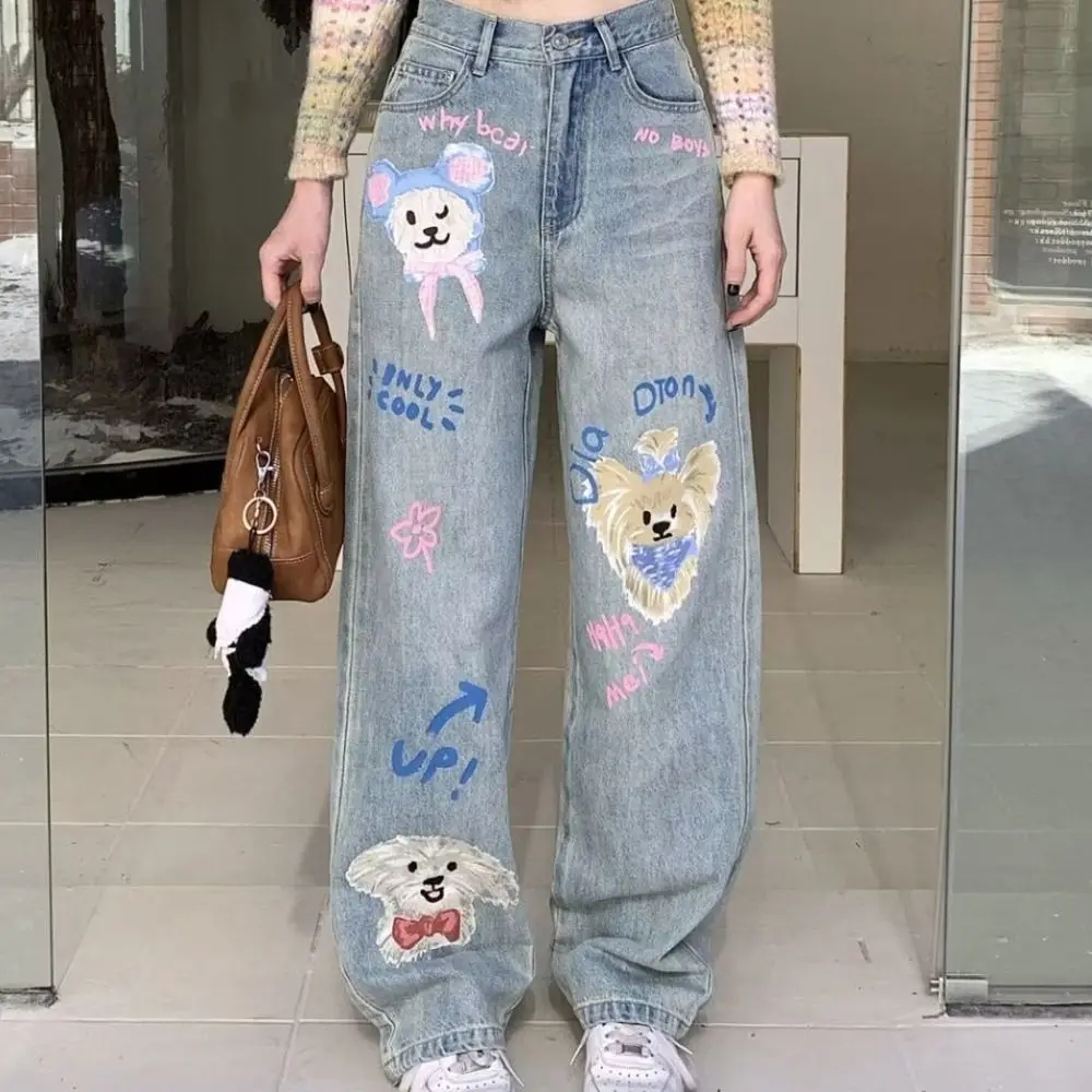 

Baggy Dog Animal Jeans Women Y2K Ins Loose Straight Denim Trousers Lovely High Waist Cartoon Cowboy Pants Girls