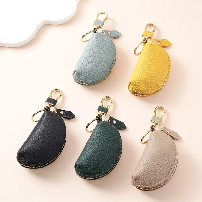 Men Top Grain Pebbled Cowhide Leather Key Pouch, Premium Zipper Coin Purse with Metal Key Clip, High-Quality Small Car Key Case