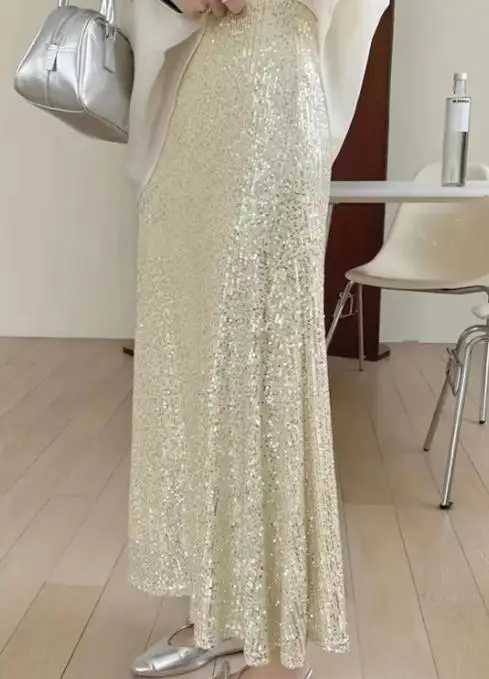 Skirt for Women 2025 Spring Autumn New Fashion Sequins Elastic High Waisted Lining Elastic Drape Casual Half Skirt Long Skirt