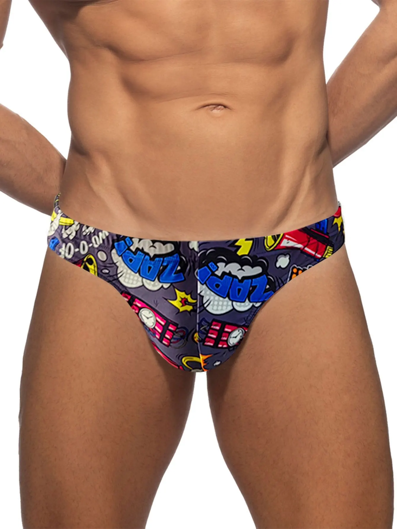 Men's Pop Art Cartoon Print Low-Rise Sexy Bikini Thong Swimwear Beach Swim Briefs Mini Swimsuit Swimming Trunk Bathing Suit