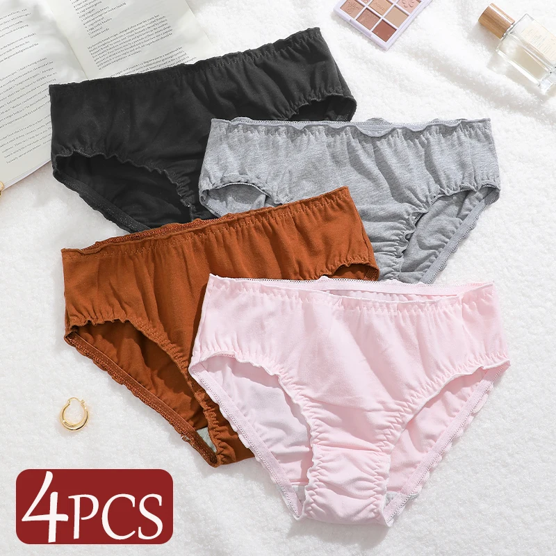 4PCS Women's XS-XXL Cotton Briefs Soft Comfortable Ruffled-edge Panties Autumn High Quality Printing Ladies Breathable Underwear