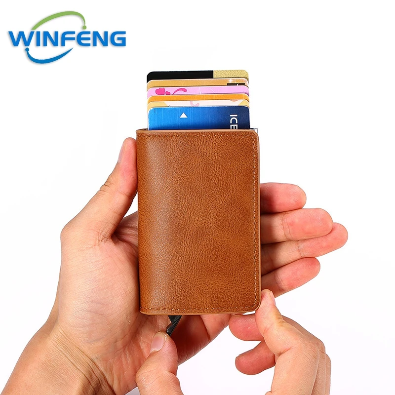 Credit Card Holder Wallet Men Women RFID Blocking Automatic Pop-Up Bank Name Business PU Leather Cardholder Case Anti-Theft