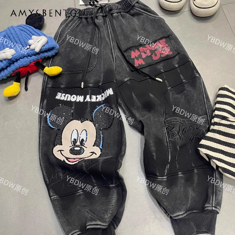 

Trendy Brand Fleece-Lined Heavy Industry Wash Cartoon Loose Slimming Casual Jogger Pants Harem Versatile Trousers For Ladies