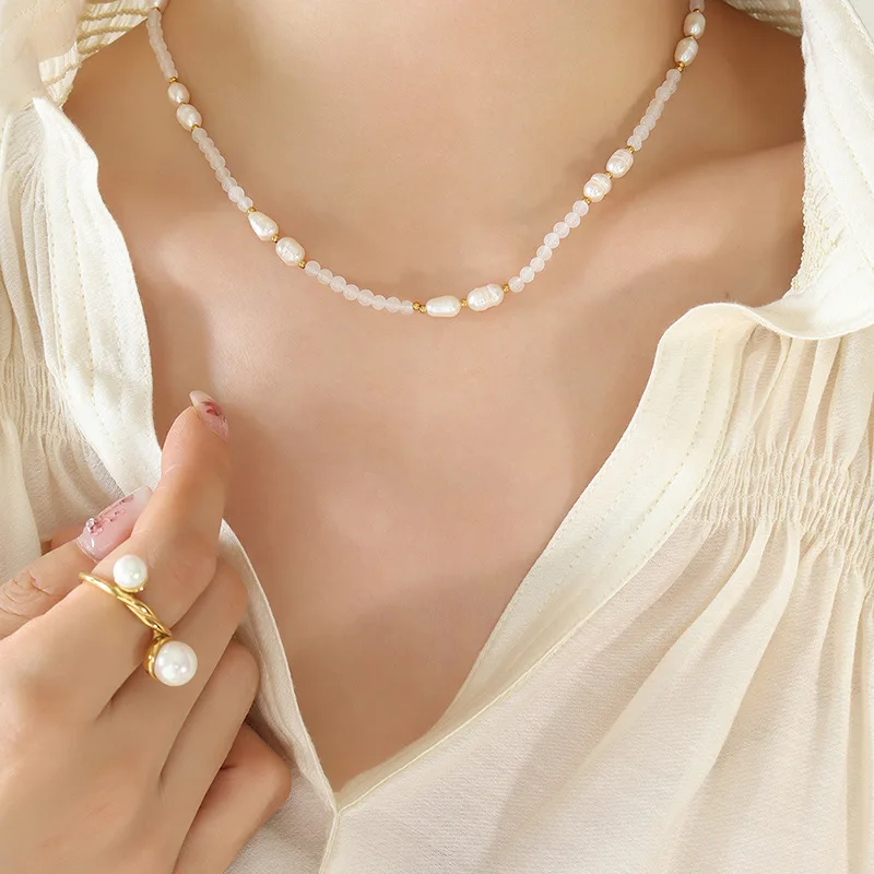 

New Baroque Natural Freshwater Pearl Stone Necklaces for Women Stainelss Steel Gold Plated Beaded Necklace Handmade Jewelry