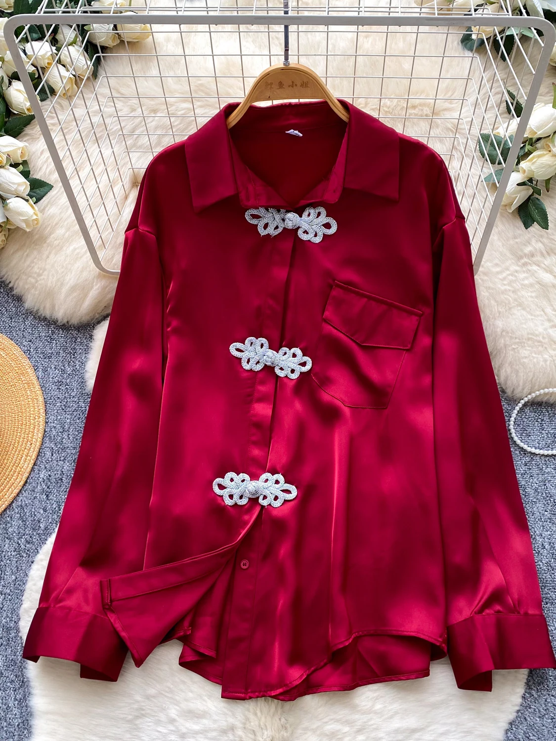 New Chinese Style Loose Long Sleeve Red Shirt Women's Button up Top Comfortable Breathable Commute Shirt Polyester Fiber